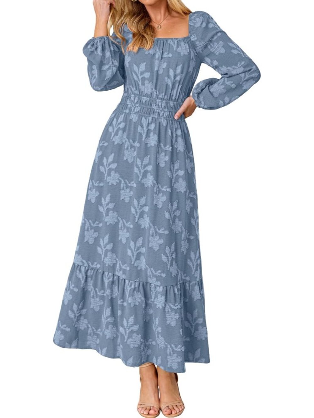🆕 Women's Dusty Blue Long Sleeve Square Neck High Waist Boho Casual Maxi Dress